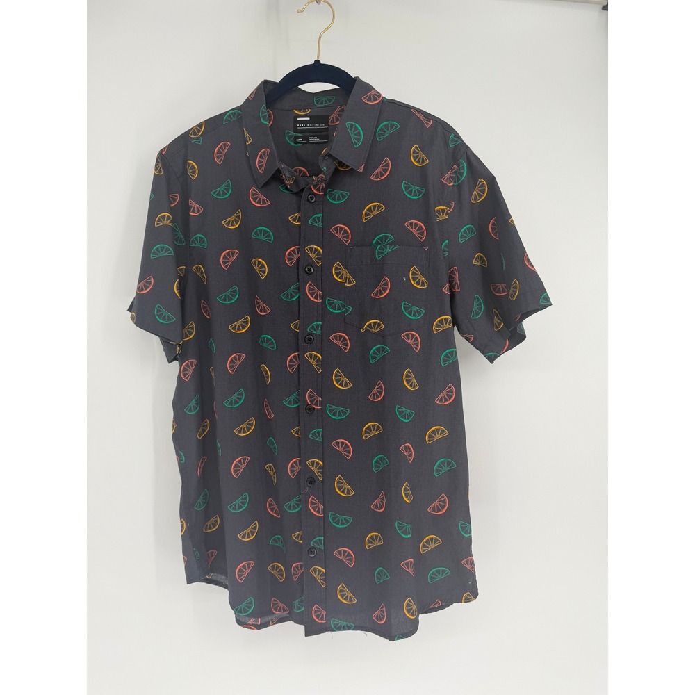 Public Opinion Mens Large Black Citrus Fruit Print Cotton Short Sleeve Button Up
